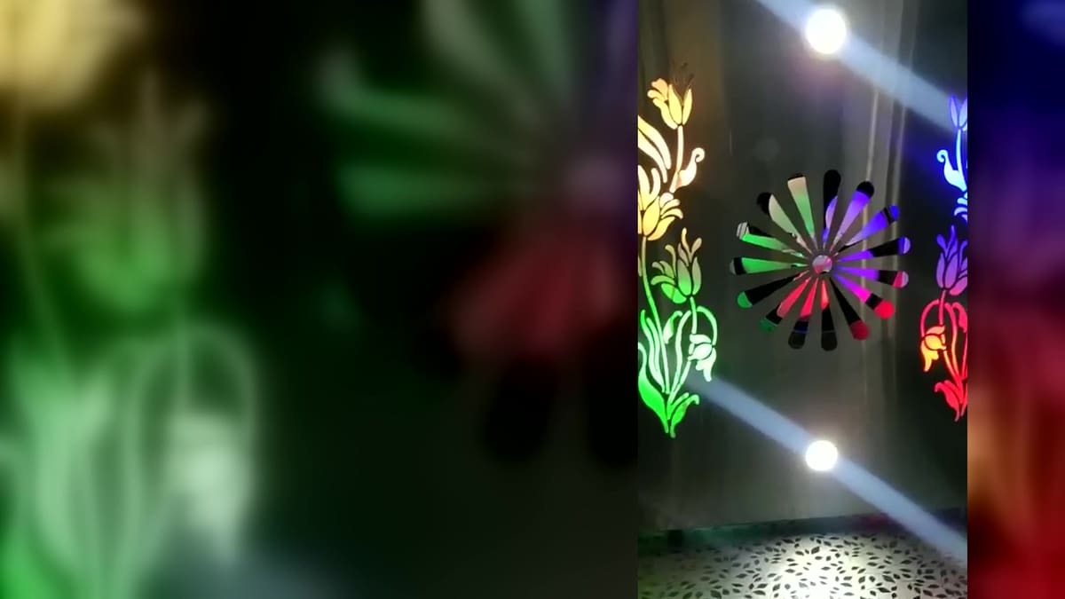 Inside a Sakshi Elevators lift cabin with illuminated floral LED wall panels